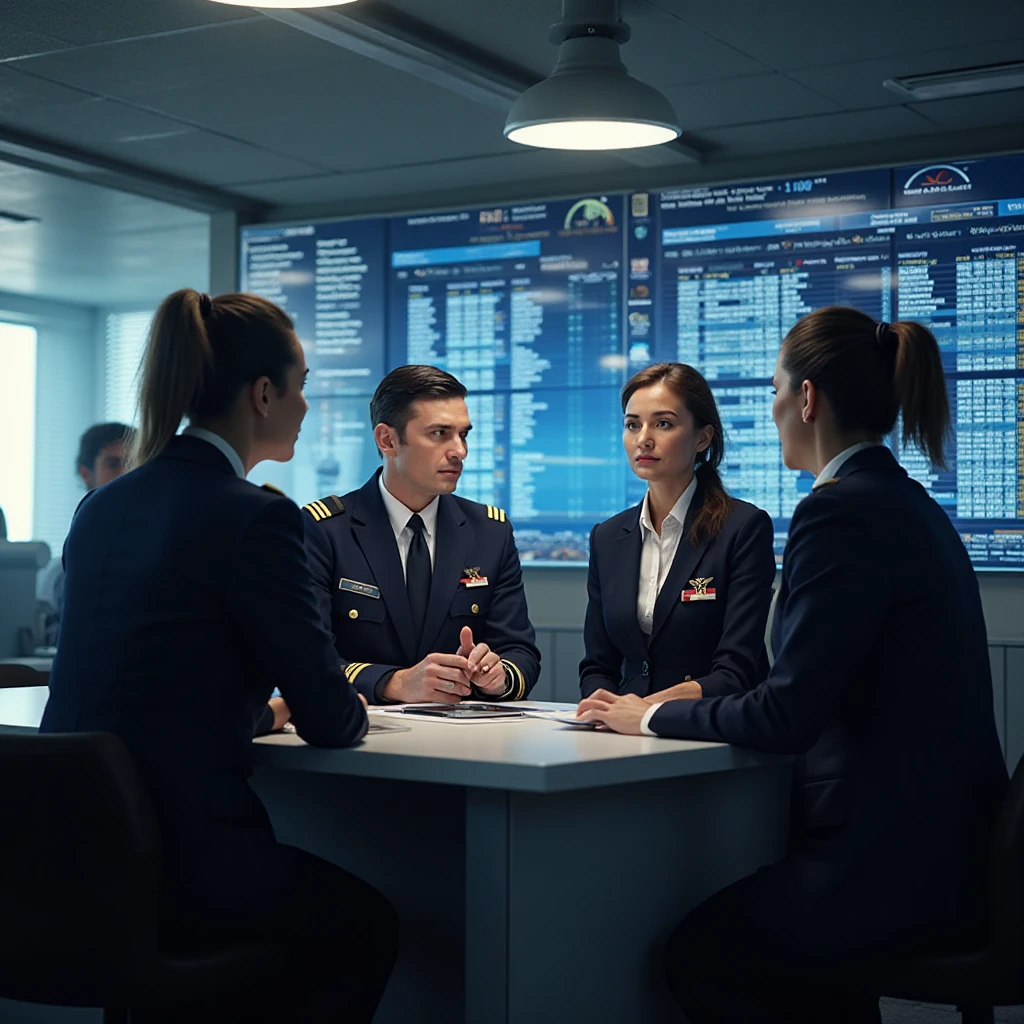 “IndiGo airline pilots and cabin crew discussing flight schedules in an airport office.