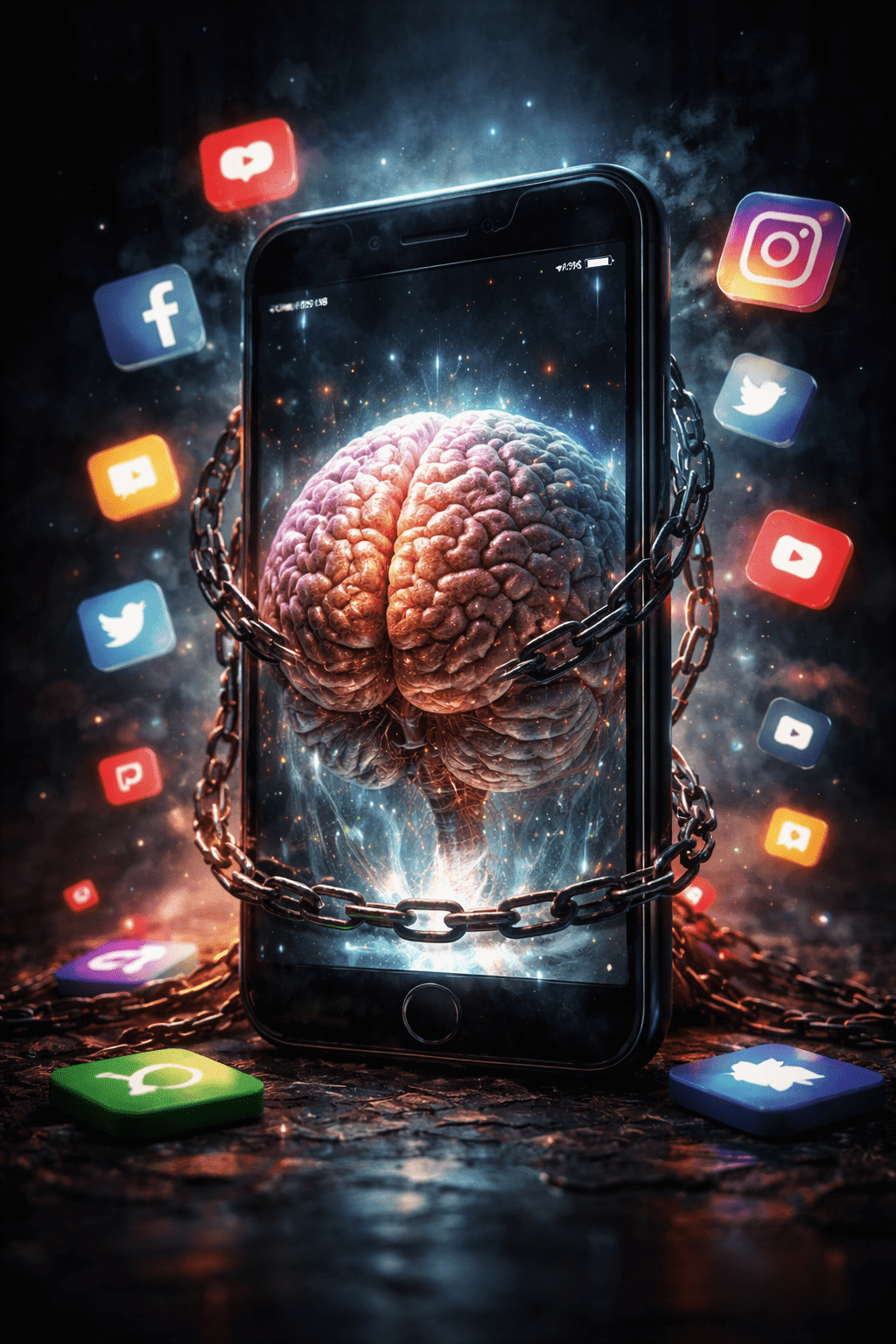 a human brain trapped inside a smartphone screen, surrounded by social media icons, harmful impact of social media